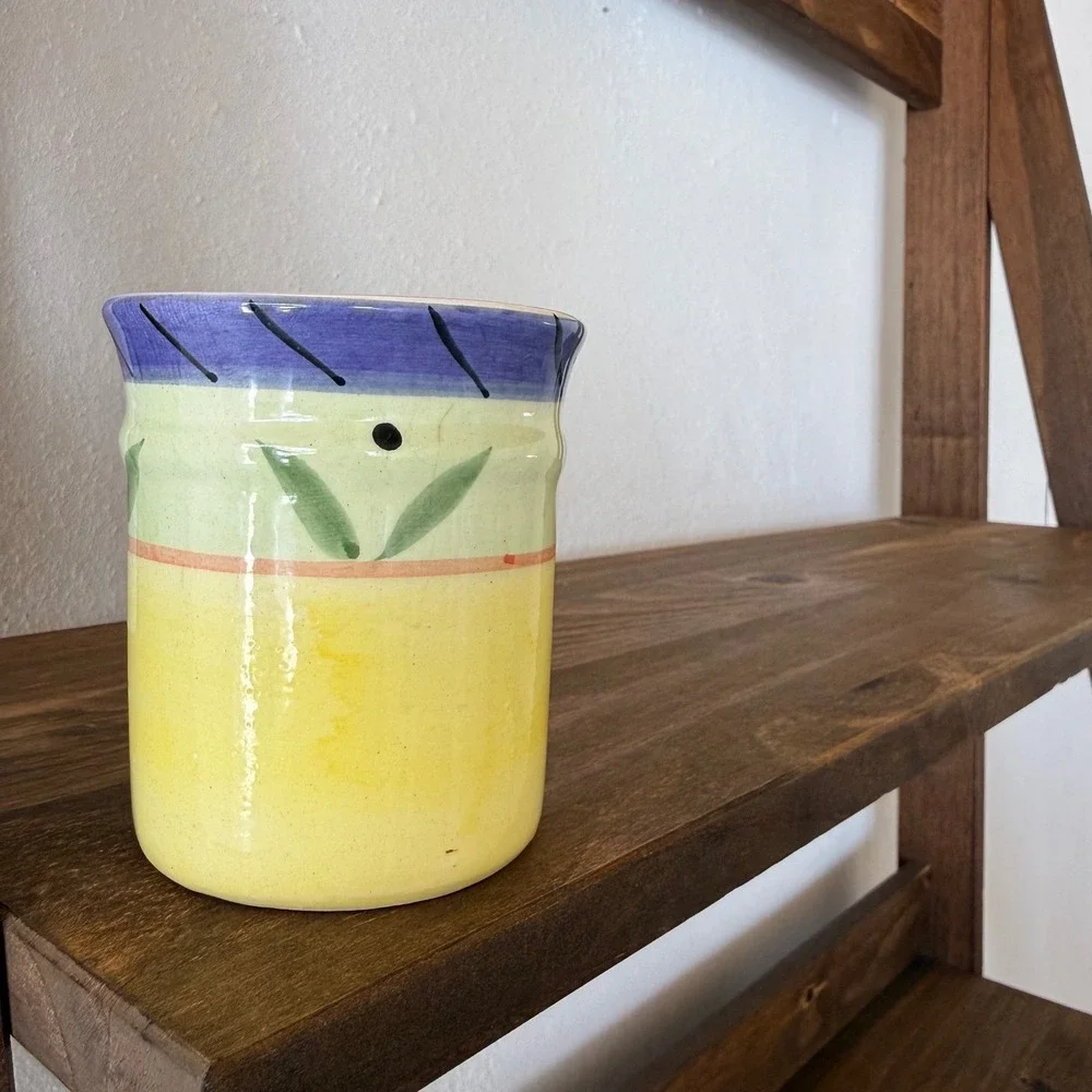 CFP Italian Hand Painted Ceramic Utensil Holder Vase Yellow Blue Mediterranean
